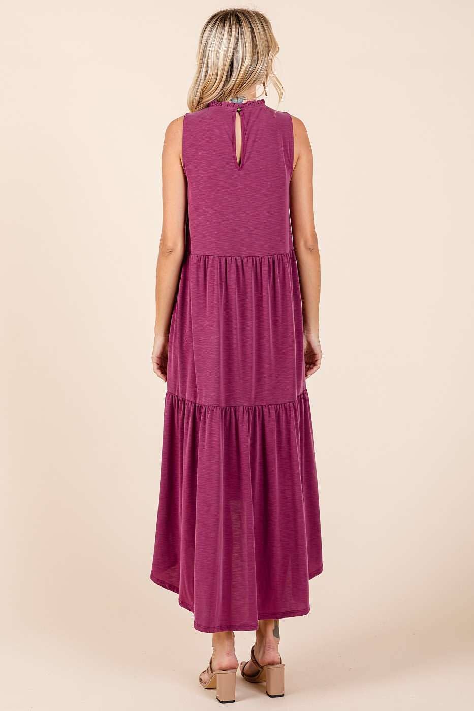 Ruffle Mock Neck Sleeveless Hi-Low Hem Midi Dress