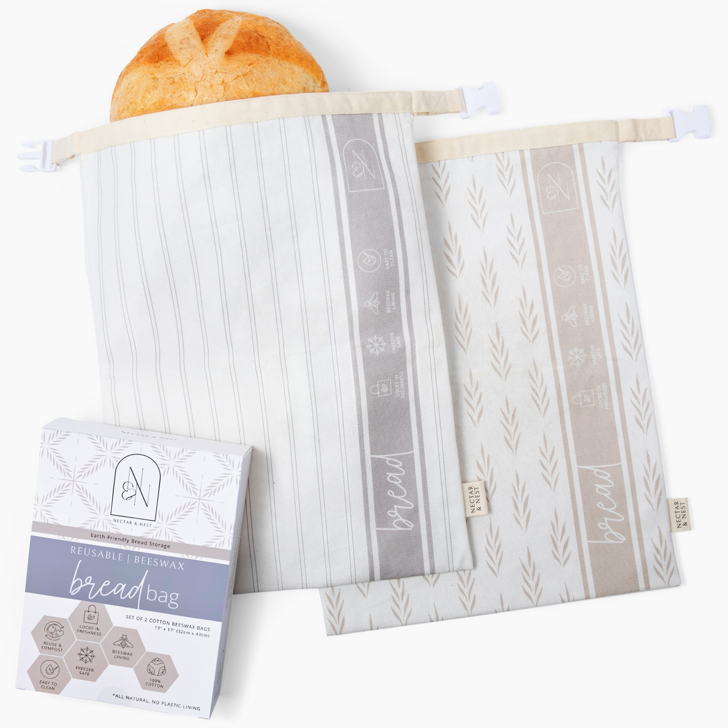 Reusable Beeswax Bread Bags for Homemade Bread 2 Pack