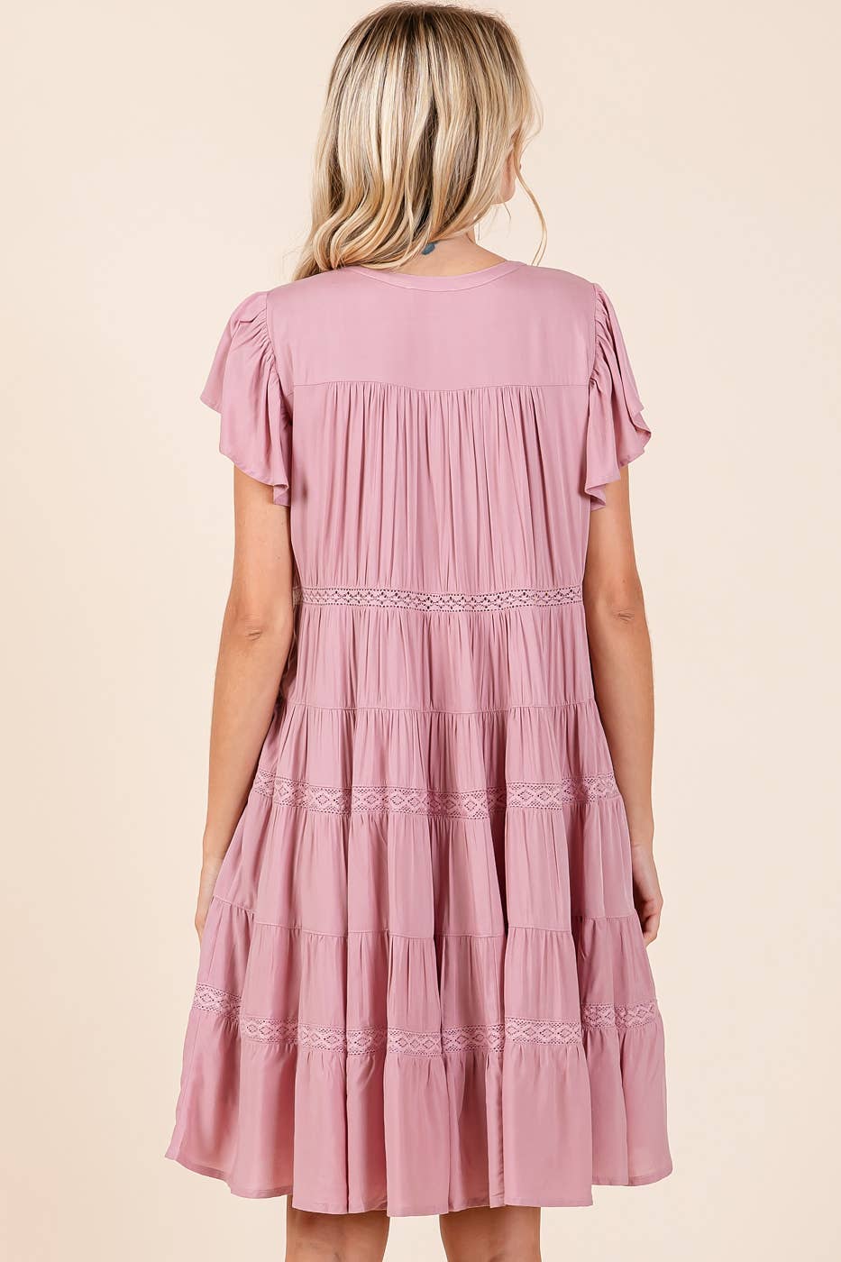 Ruffle Sleeve Tiered Lace Detail Mini Dress