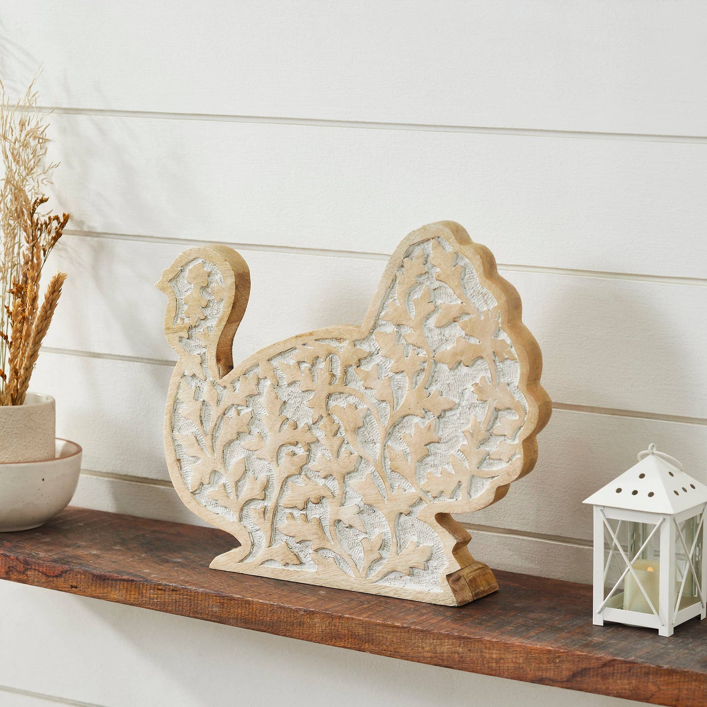 Whitewash Wooden Carved Turkey Tabletop Decor