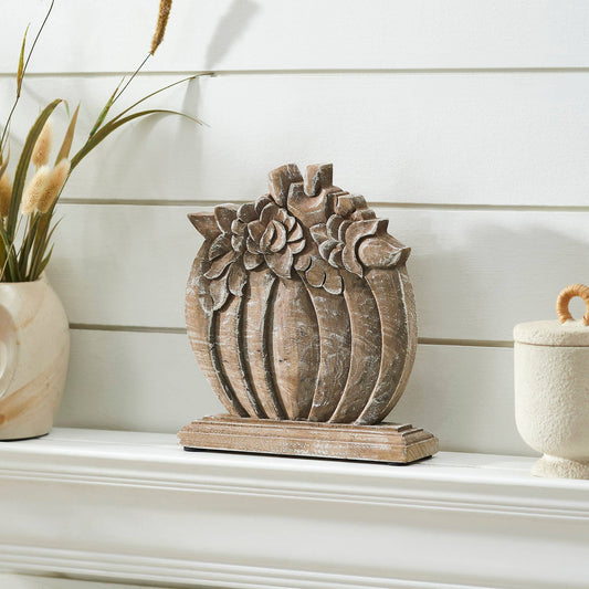 Carved Wooden Floral Crown Pumpkin Tabletop Decor
