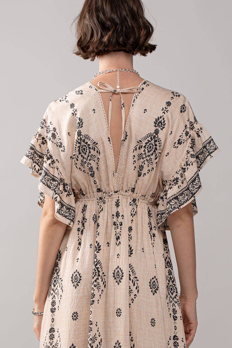 Empire Waist Flutter Sleeve Damask Print Button Down Dress