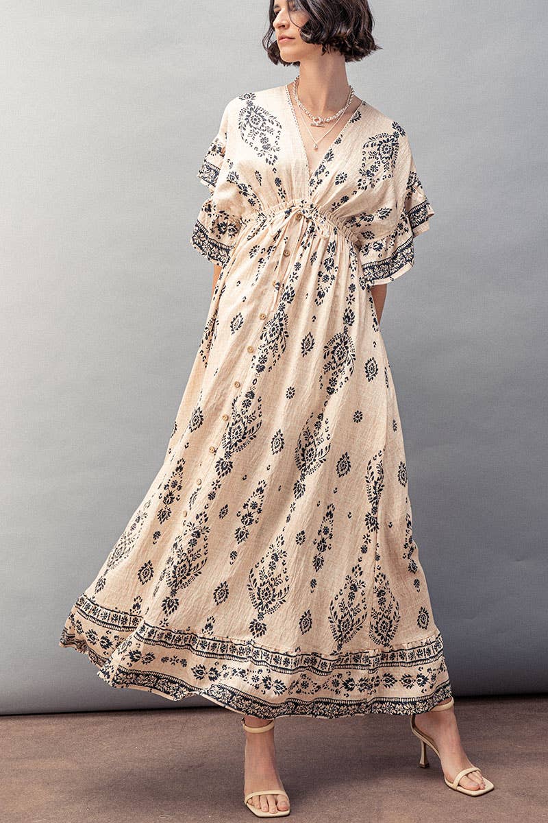 Empire Waist Flutter Sleeve Damask Print Button Down Dress
