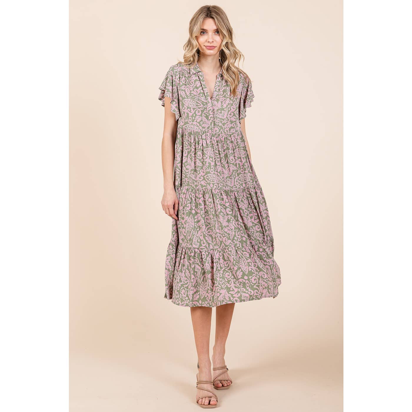 Abstract Print Ruffle Tier Empire Midi Dress