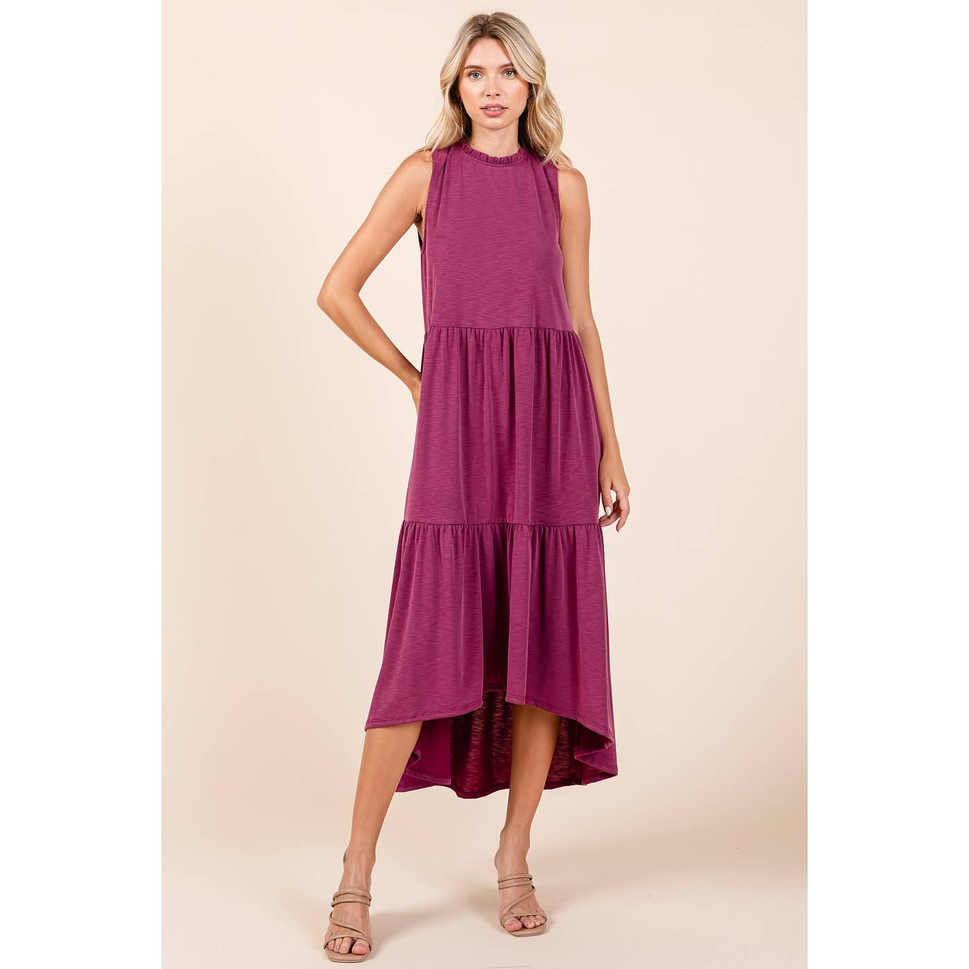 Ruffle Mock Neck Sleeveless Hi-Low Hem Midi Dress