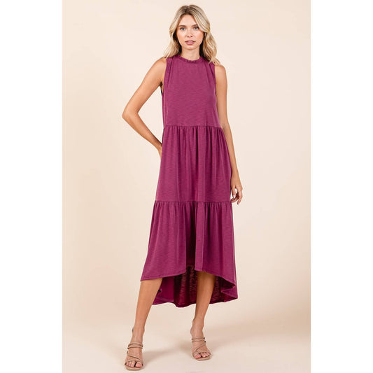 Ruffle Mock Neck Sleeveless Hi-Low Hem Midi Dress
