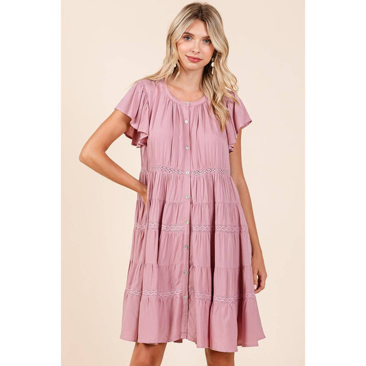Ruffle Sleeve Tiered Lace Detail Mini Dress