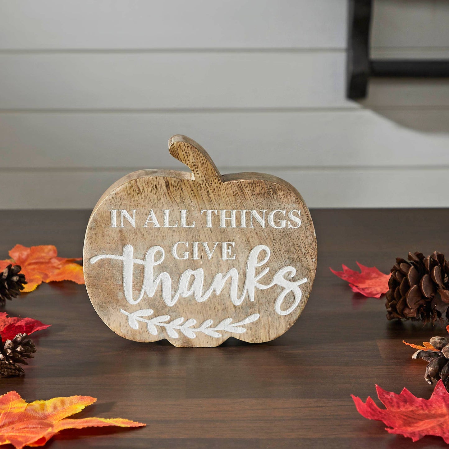 Fall Autumn Thanksgiving Rustic Wooden Pumpkin Tabletop Decor with In All Things Give Thanks Sentiment