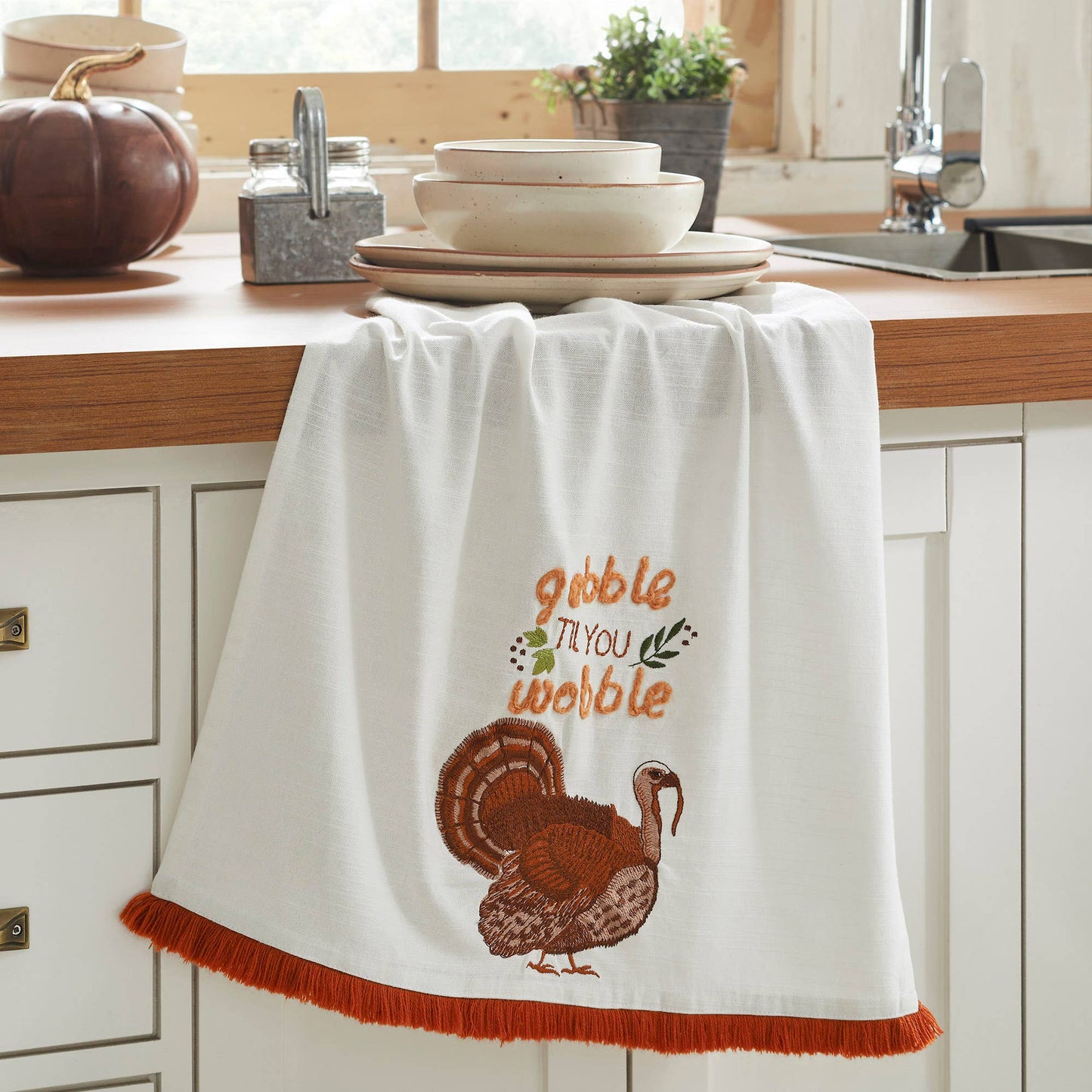 Festive Thanksgiving Gobble Til You Wobble Cotton Kitchen Dish Towel