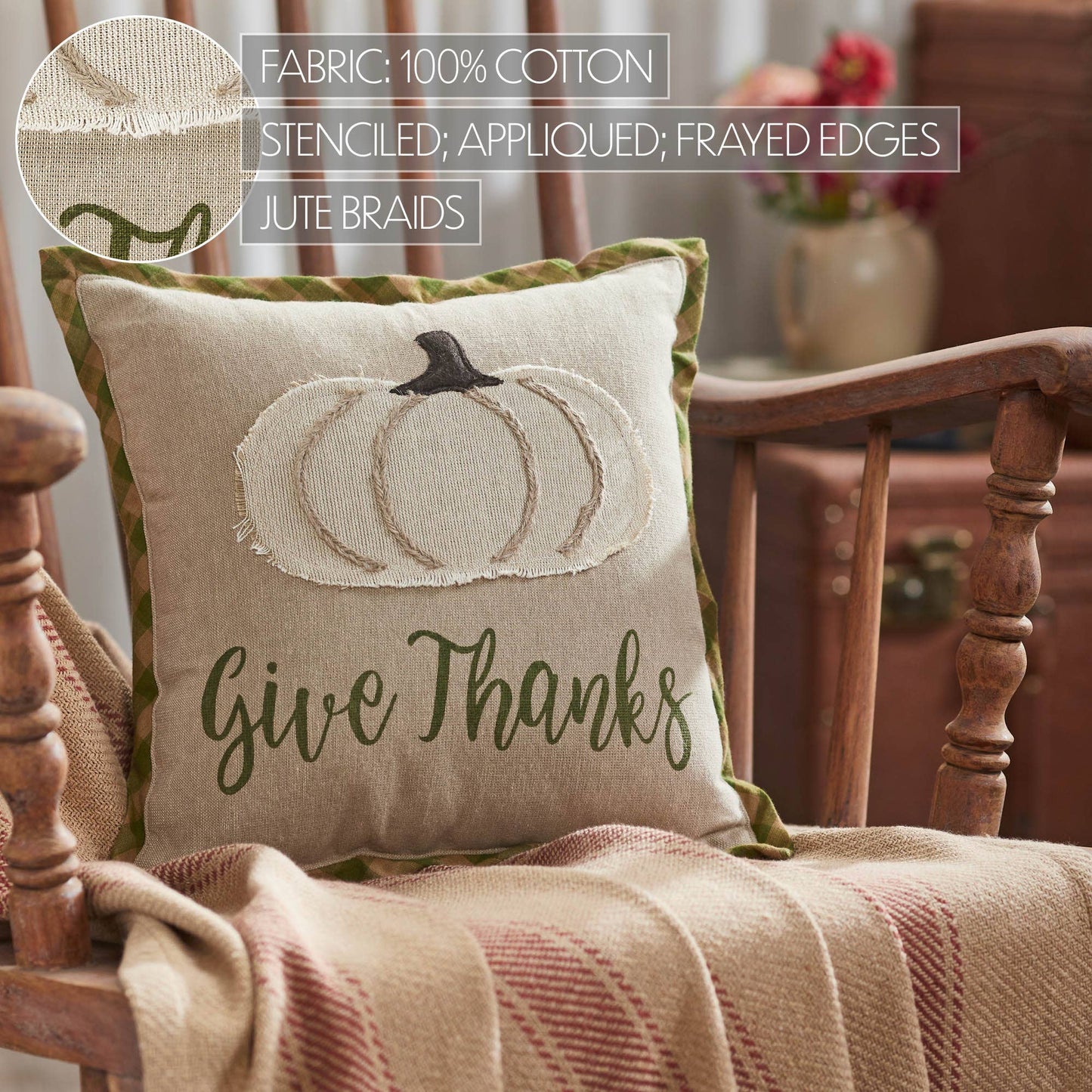 Fall Thanksgiving Harvest Applique Pumpkin Give Thanks Decorative Throw Pillow