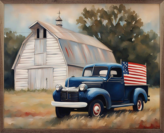 10x8 Home Decor: American Blue Truck With Barn