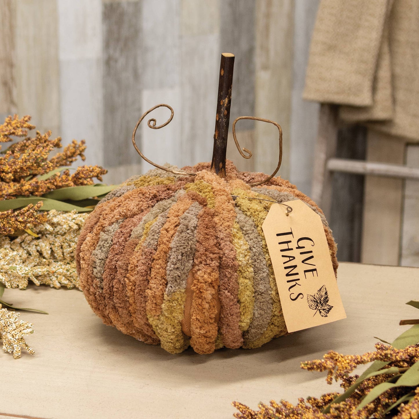 Harvest Chenille Give Thanks Pumpkin - 9" dia