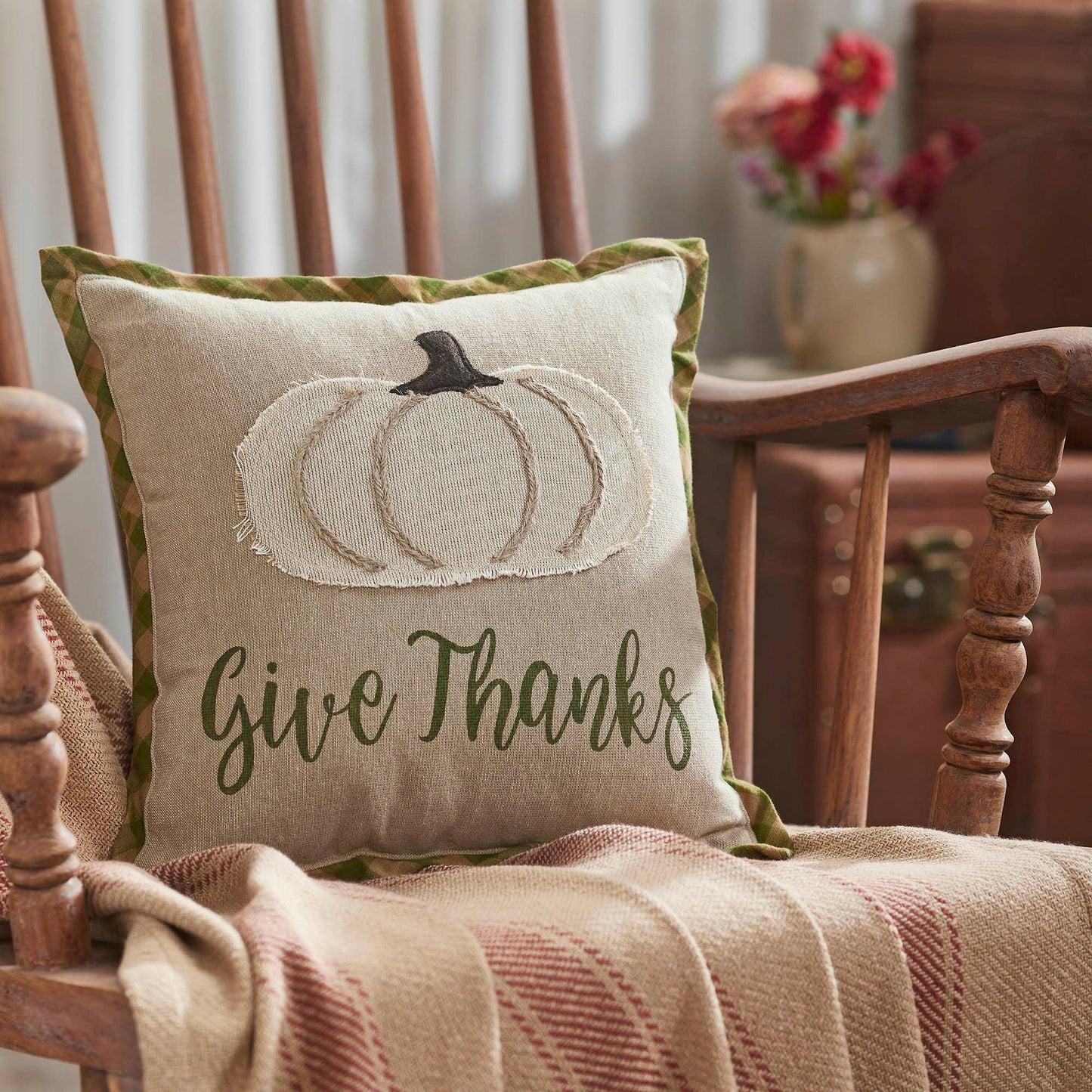 Fall Thanksgiving Harvest Applique Pumpkin Give Thanks Decorative Throw Pillow