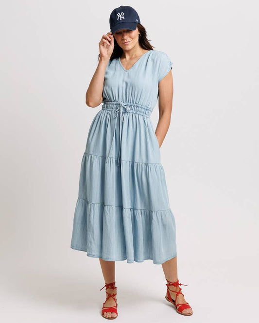 Maisie Blue Cap Sleeve V-Neck Dress with Pockets