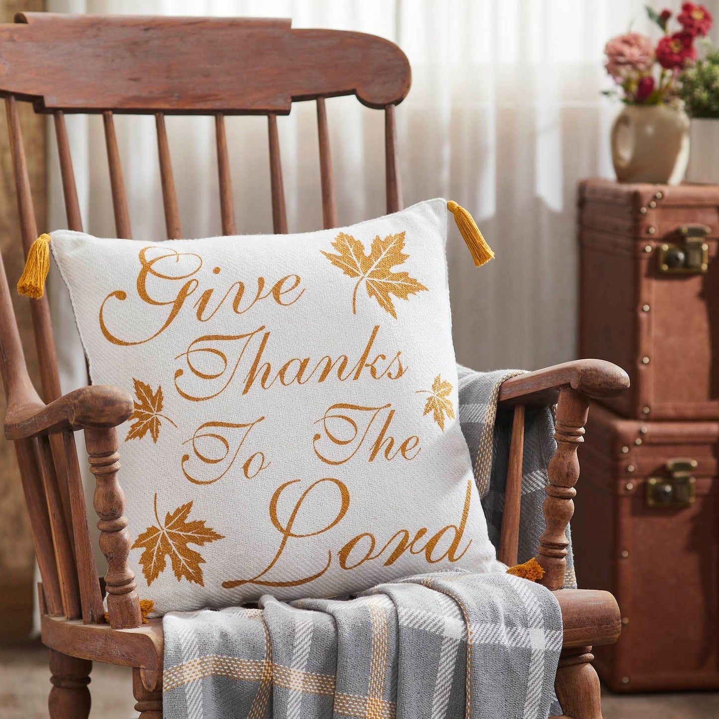 Harvest Blessings Give Thanks to the Lord Woven Fall Farmhouse Throw Pillow