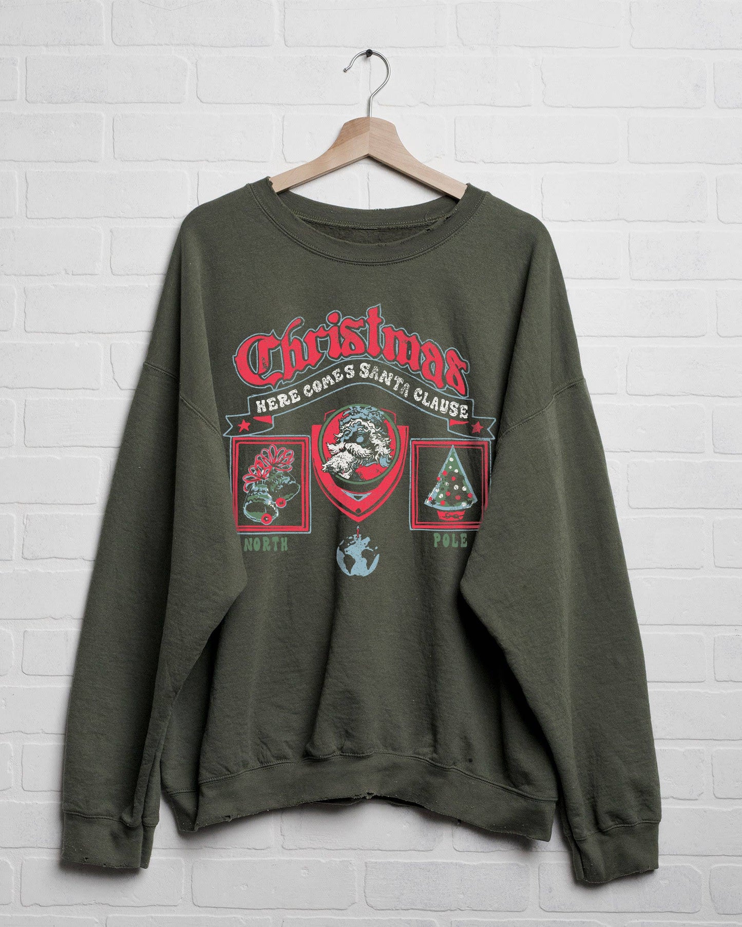 Christmas Patch Military Green Thrifted Sweatshirt