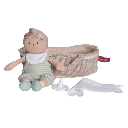 Knitted Carry Cot with Baby Remi, Soother & Blanket