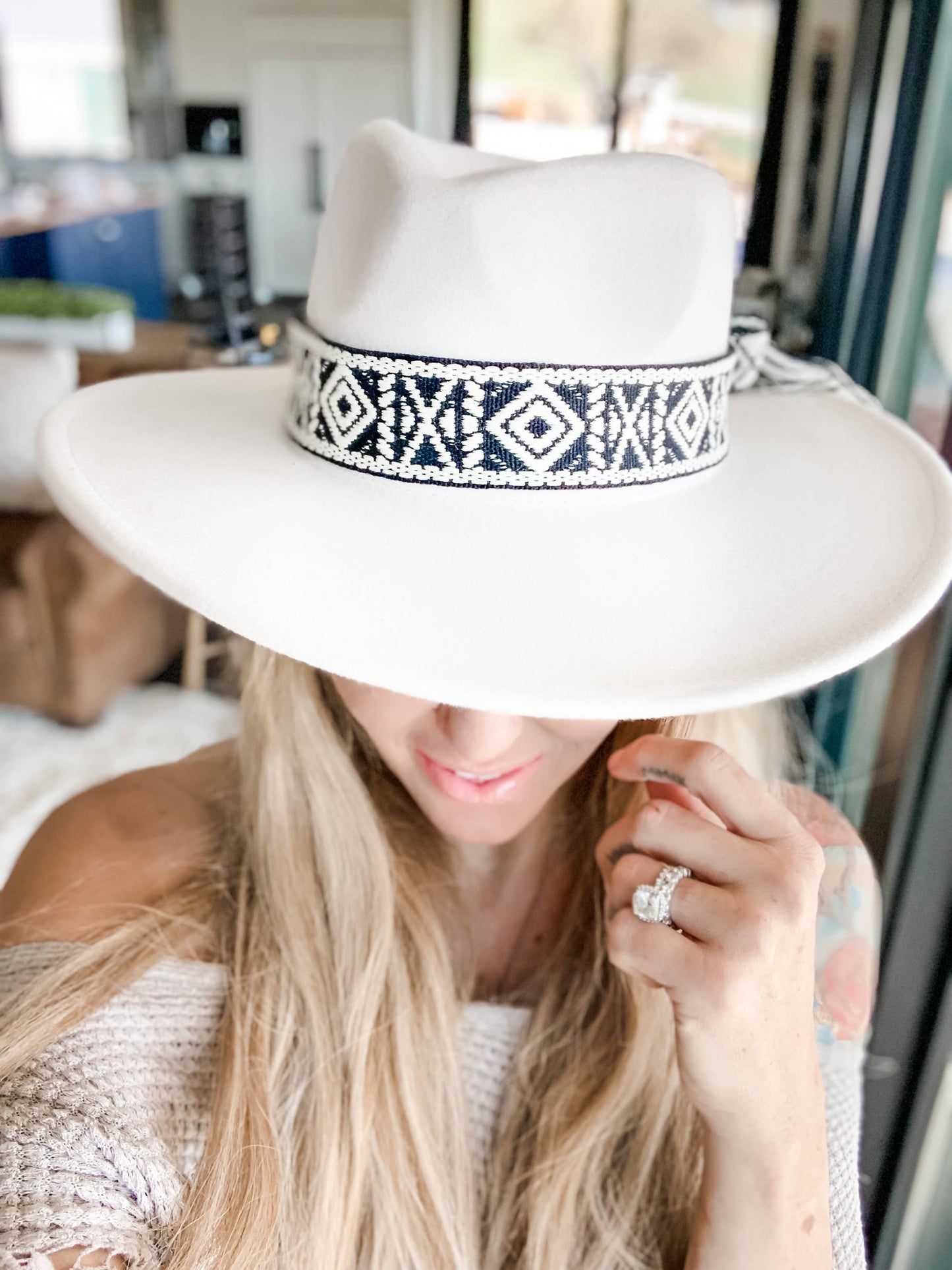Rancher Wide Brim Hat w/ Woven, Fringed Aztec Boho Hat Band