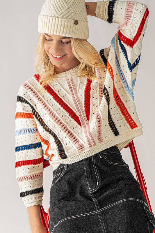 Striped Pointelle Knit Sweater