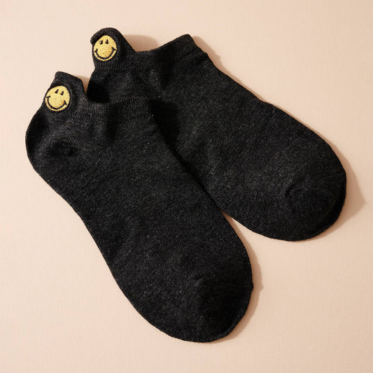 Smile Embroidered Black Ankle Socks